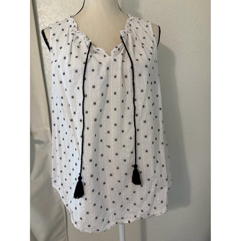 Liz Claiborne Petite White Boho‎ Sleeveless Blouse Tassel Tie Neck Cotton PXL